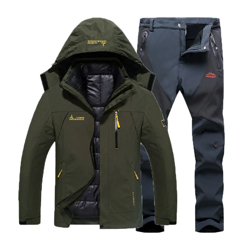 Green Gray Suit Мужские зимние водонепроницаемые треккинговые походные лыжные ползунки, теплые хлопковые куртки 3 в 1, флисовые штаны, костюм, пальто - Цвет: Green Gray Suit