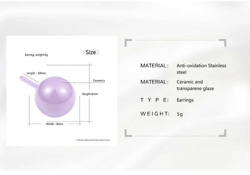 Серьги-гвоздики с керамическими шариками в простом стиле, розовые, фиолетовые, черные, белые, карамельные керамические серьги для иглоукалывания ушей для женщин с белой коробкой