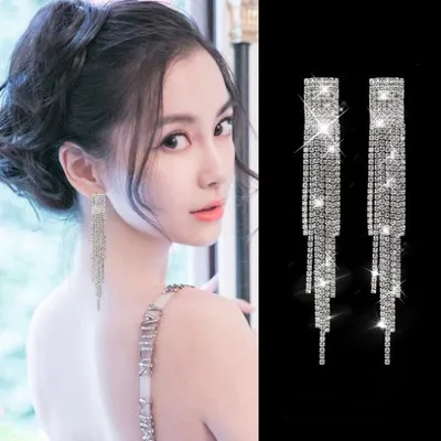 

Long Tassel Drop Earrings for Women Silver Color Crystal Rhinestone Big Hanging Dangle Earrings Bride Wedding Jewelry