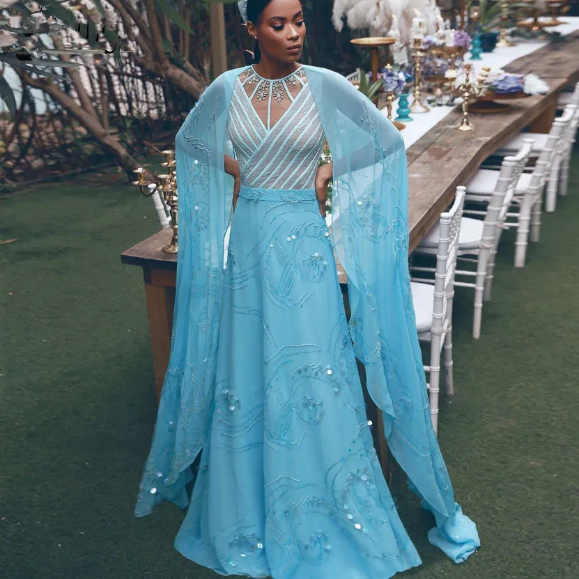 

Sky Blue Muslim Arabic Long Evening Dress 2020 India Saudi Lace Beaded Plus Size Prom Dresses with Cape Vintage Pageant Gowns