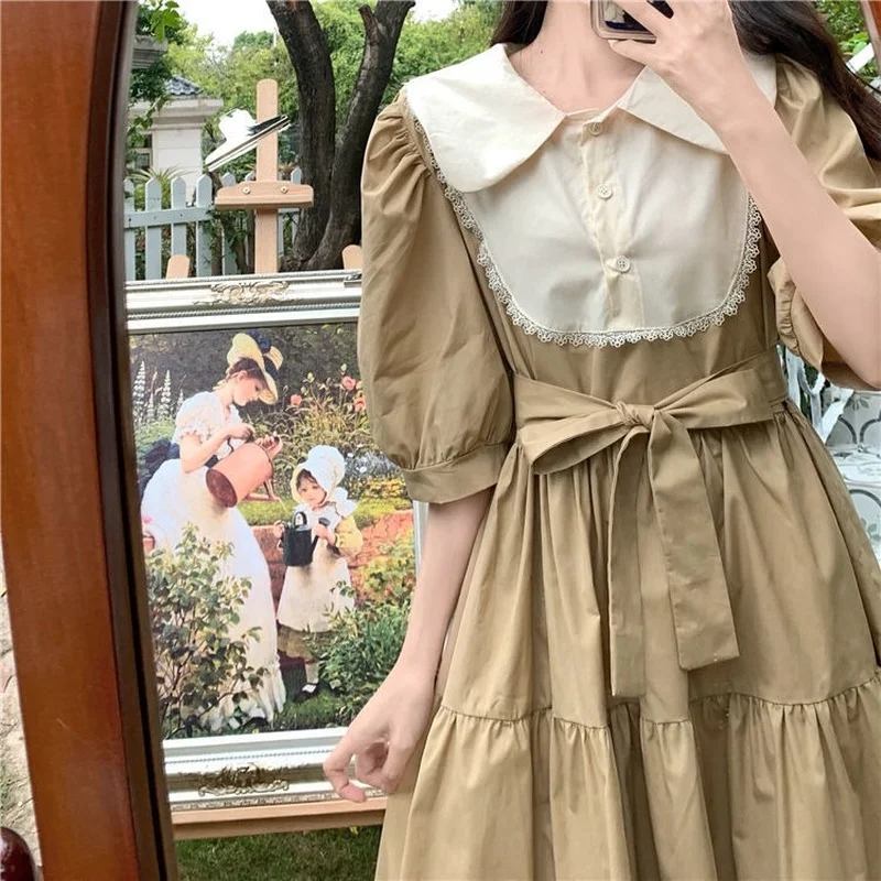 Vestido feminino fino estudantes diário a linha verão estilo coreano kawaii  retalhos moda simples casual puff manga retro acima do joelho - AliExpress