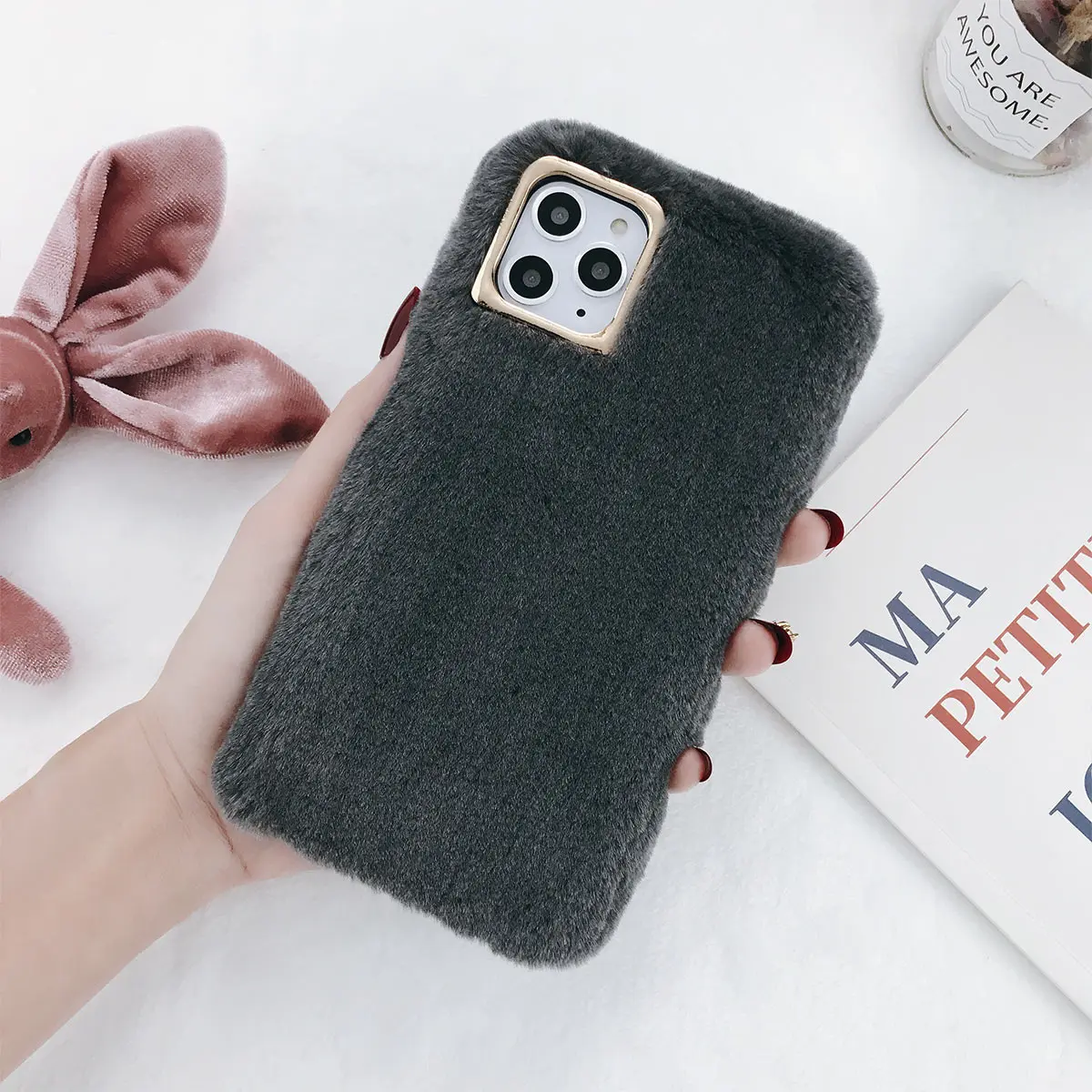 USLION пушистые меховые зимние теплые чехлы для iPhone 11 Pro Max X XR Xs Max Чехлы для iPhone 6 6s 7 8 Plus Мягкий ТПУ чехол - Цвет: XW0436GY