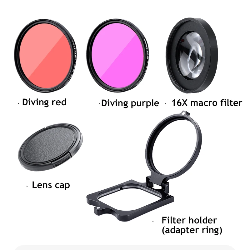 16X Macro Filter for Gopro 10/9/8 Black Original Waterproof Case Diving Red Purple Filter +Adapter Ring+Lens Cap for Gopro 10/9 camera neck strap