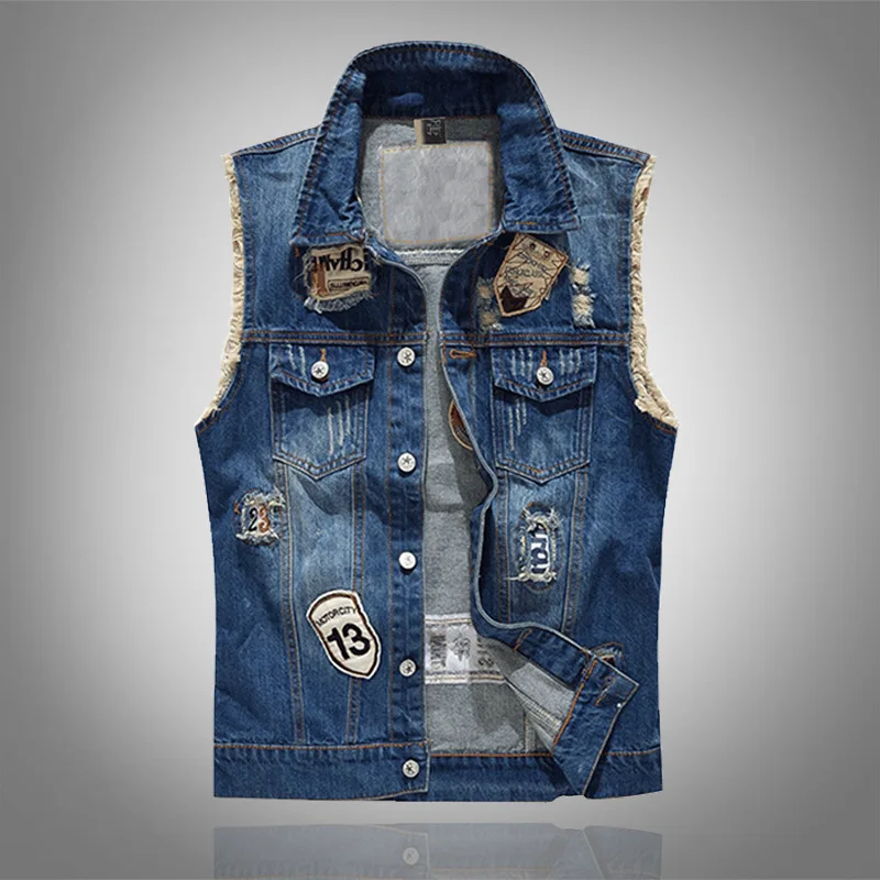 

Large Size Trend Men Cool Denim Waistcoat Applique Casual Vest Waistcoat Embroidered Casual Denim Vest