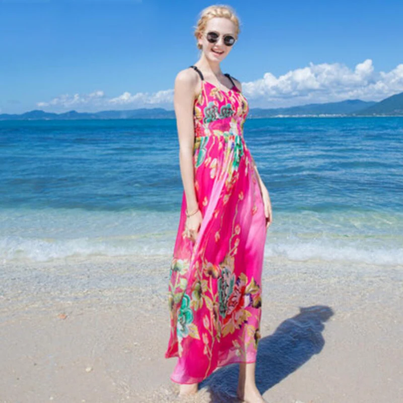Silk Dress Women Elegant Beach Long Rose Red Party dresses Women Printed High Quality Clothing Free Shipping HOT Selling