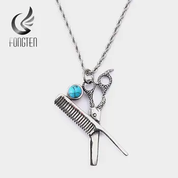 

Fongten Barber Scissor Comb Stylist Charm Pendants Necklaces Men Double sided Stainless Steel Long Chain Fashion Jewelry