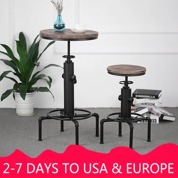 

iKayaa Pinewood Top Round Pub Bar Table Height Adjustable Swivel Counter Bistro Table Industrial Pipe Style Kitchen Dining Table