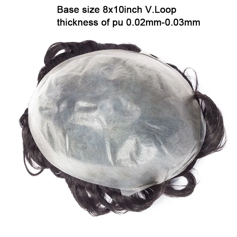 SEGO 8''X10'' Length 6inch PU Thin Skin Men Toupee Real Human Hair 3cm Wave Replacement System Wig for men Non-Remy Natural Hair