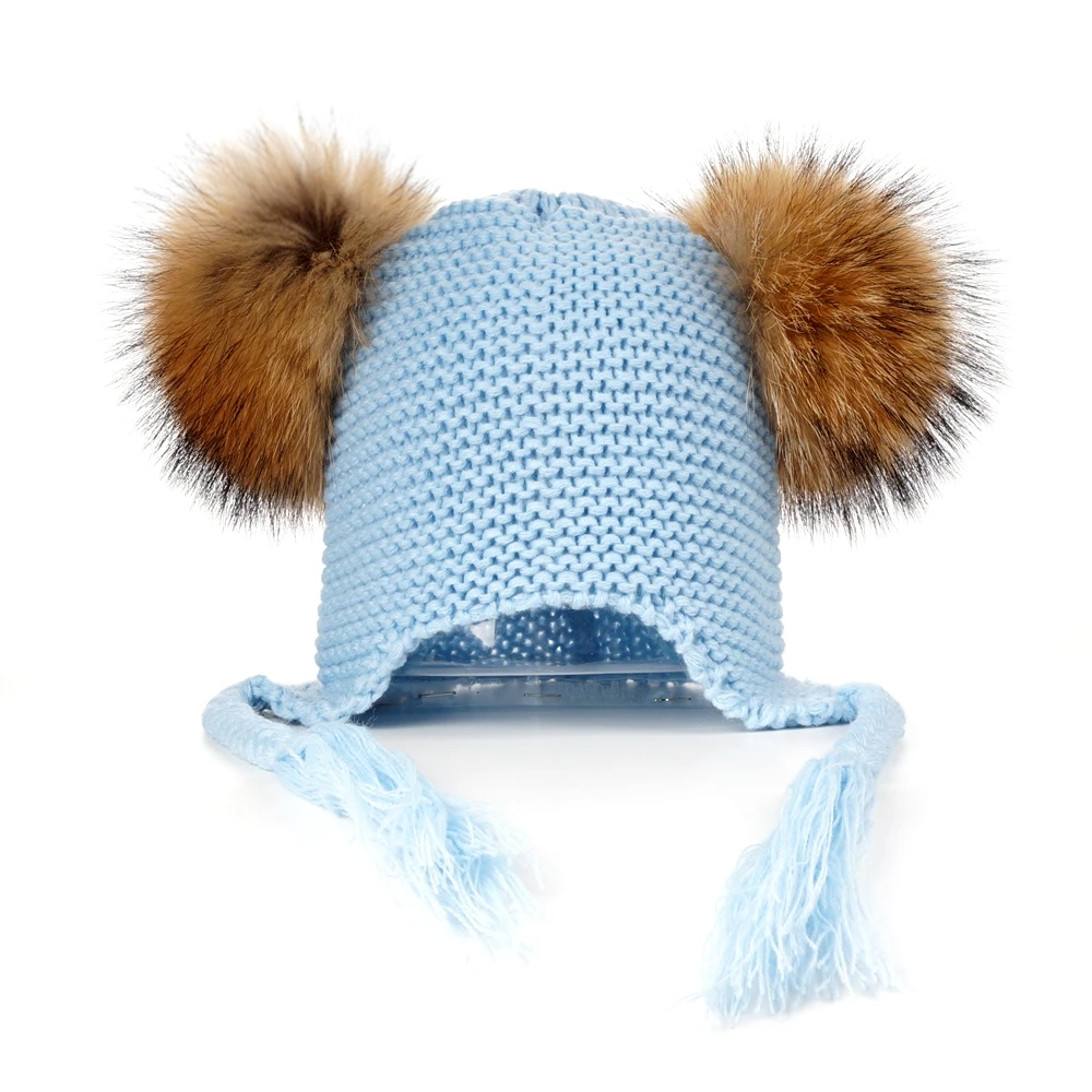Детская зимняя шапка мяч из натурального меха енота помпон шапочки для детей мальчиков и девочек Теплые шапки с защитой ушей