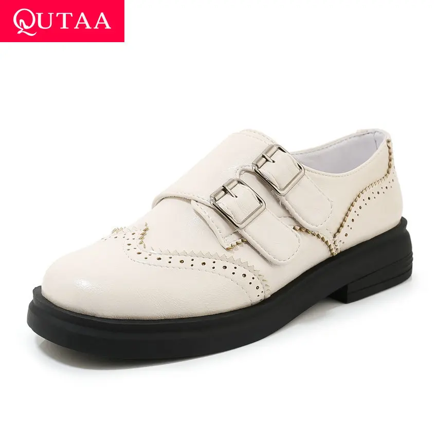 

QUTAA 2020 Square Heel Platform Buckle Women Single Shoes Spring Autumn Round Toe PU Leather Casual Women Pumps Big Size 34-43