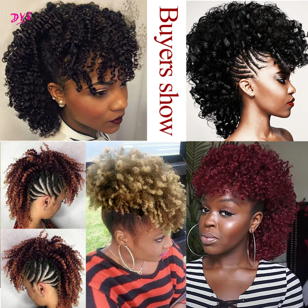 6 Afro Puff Ponytail With Bangs Short Kinky Curly Synthetic Ponytail Clips in Hair Extension African American 120gPCS Hairpiece