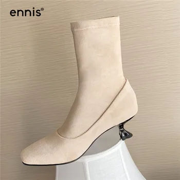 

ENNIS New Ankle Boots Flock Stretch Slim Fit Ladies High Heeled Boots Round Toe Shoes Nude Black Brown Women Boots Autumn A0228