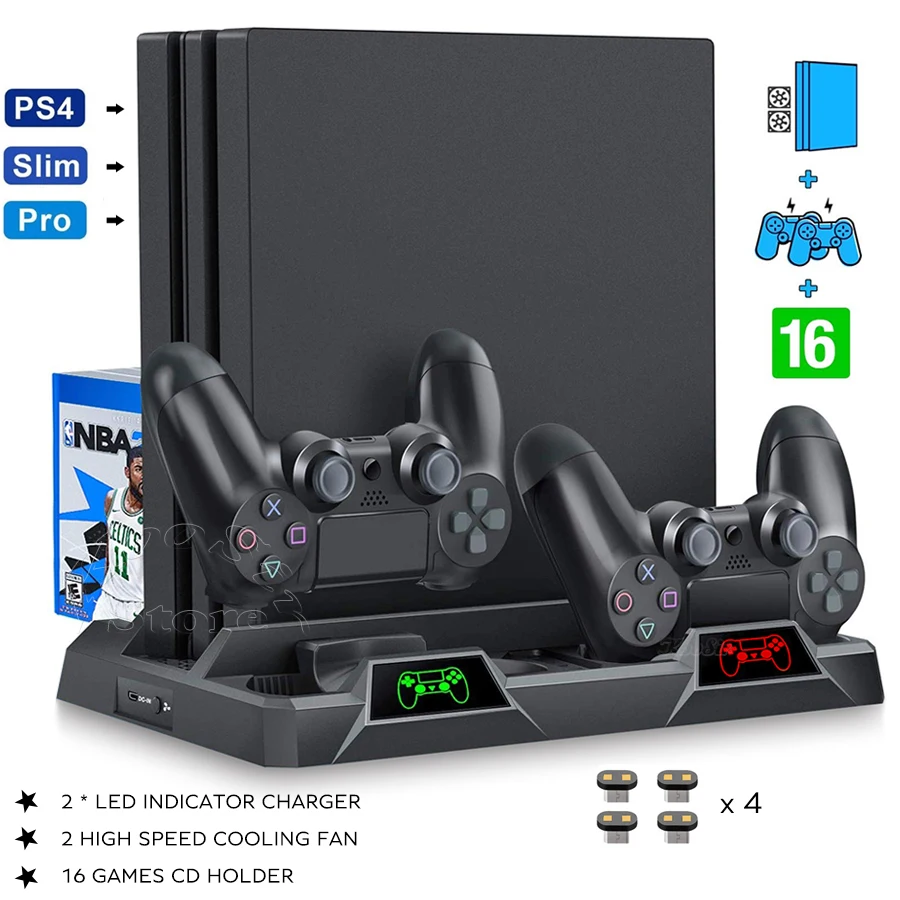 Ps4/ Ps4 Pro/ Ps4 Slim Console Vertical Stand 2 Controller Charging Dock Cooling Fan 16 Games Storage For Sony - Stands - AliExpress