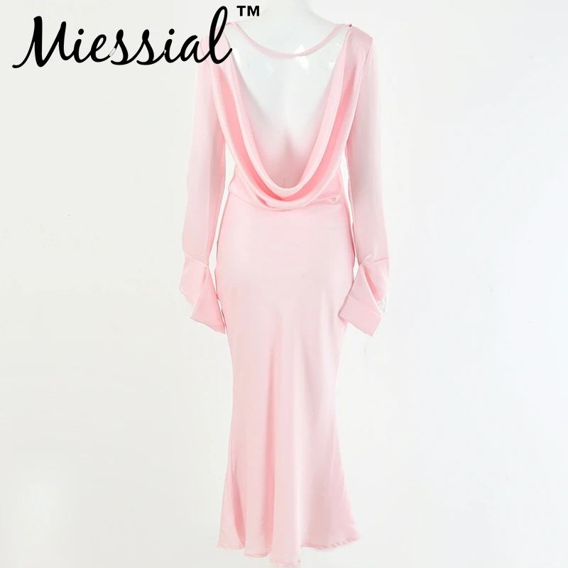 Miessial, атласное, розовое, элегантное, облегающее, длинное платье, для женщин, с открытой спиной, вечерние, для ночи, винтажное платье, Осень-зима, сексуальное, Клубное платье, vestidos