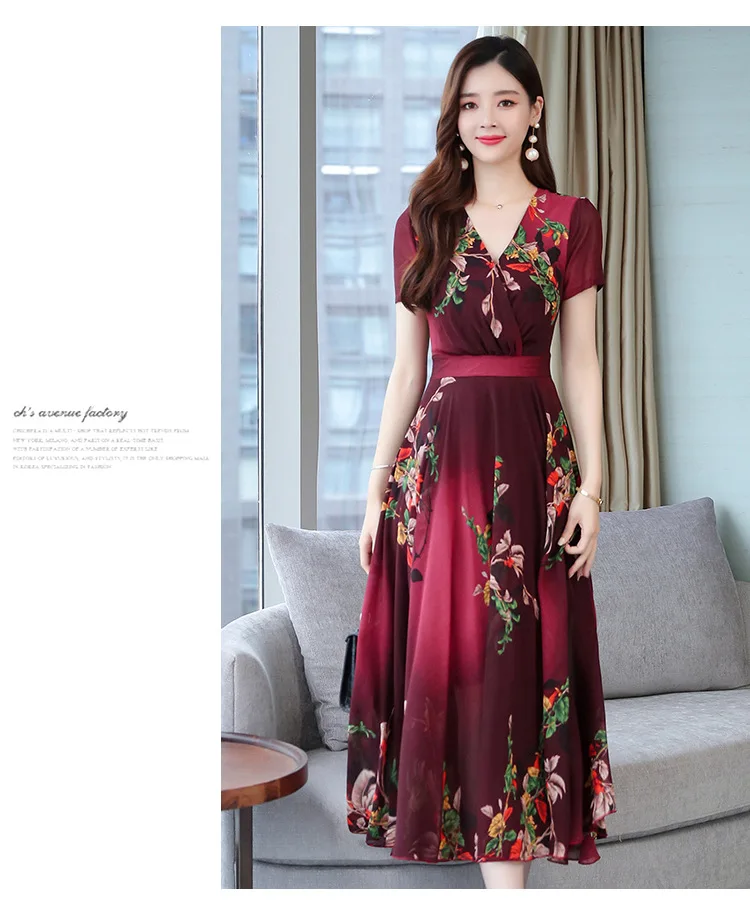 Spring New Printed Ice Silk Dress Floral Fashion Mid-waist Ladies Long Skirt Vacation Beach Skirt  Dress for Women shirt dress