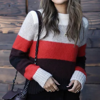

O-neck Sweater Women Striped Loose Knitted Pullover Jumper Female Soft Sweater Long Sleeve Patchwork Sweaters Top Streetwear