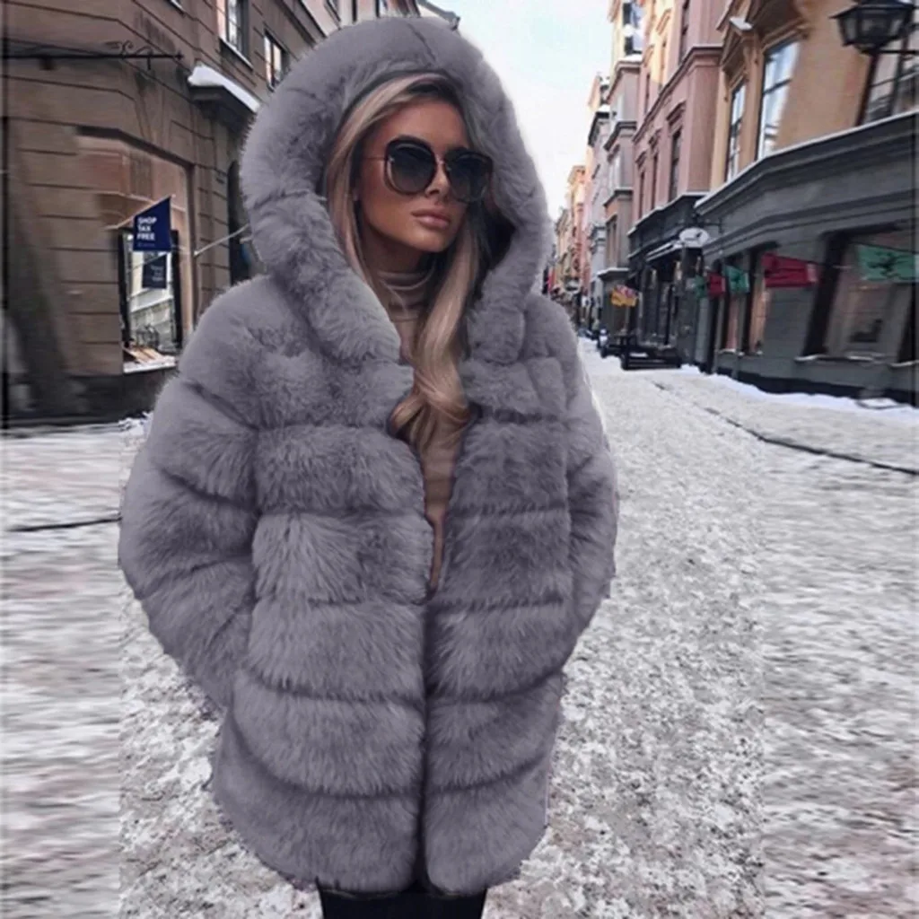 Зимнее толстое теплое пальто из искусственного меха для женщин, плюс размер, с капюшоном, с длинным рукавом, искусственный мех, куртка, Роскошные зимние меховые пальто Bontjas# L25