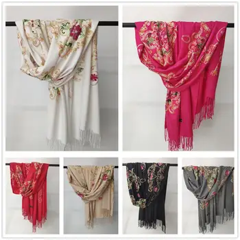 

autumn and winter 200*68cm imitation cashmere embroidered scarf fringed national red scarf embroidered warm Chinese knot shawl