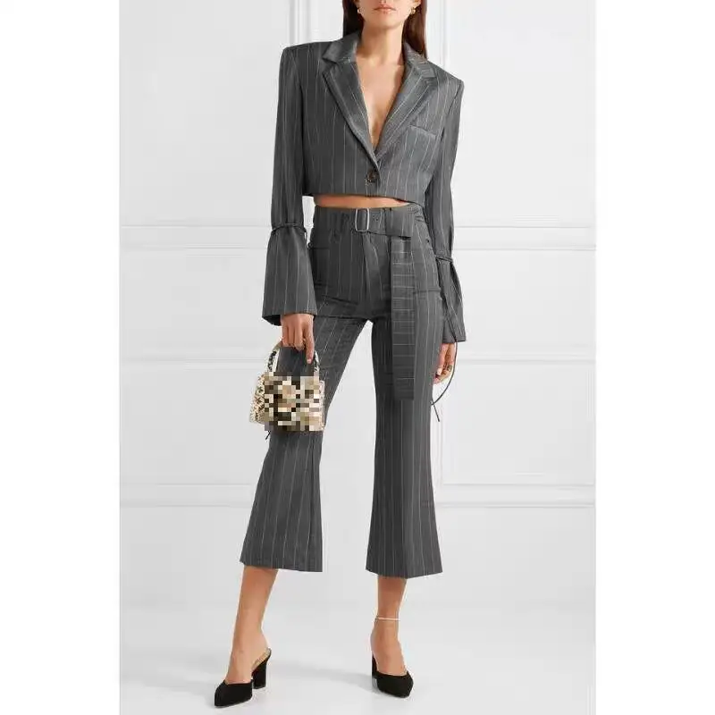 

GetSpring Women Set Long Sleeve Single Button Strpied Short Women Blazer With Ankle-Length Pants Blazer Set Fashion Pants Set