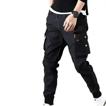 2021 New Men's Pants Solid Color Drawstring Elastic Waist Pockets Hem Cropped Pants Multi Pocket Cargo Pants Trousers Streetwear 1