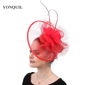 

Red tulle fashion fascinator headwear hair clip women elegant ladies formal fedora cap flower fashion headpiece hair clip