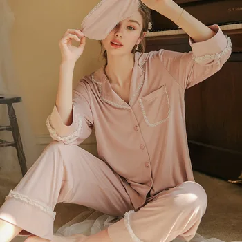 

Solid Lace Women Pajamas Sets Long Sleeve Sleepwear Female Turn-Down Collar Pyjama Nightwear Casual Homewear Top+Pants Pijama