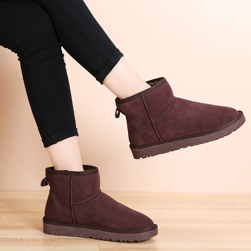 

Cow Suede Leather Women Snow Boots Australia Winter Warm Ankle Boots Solid Platform Slip On Women Flats Long Plush Women Shoes