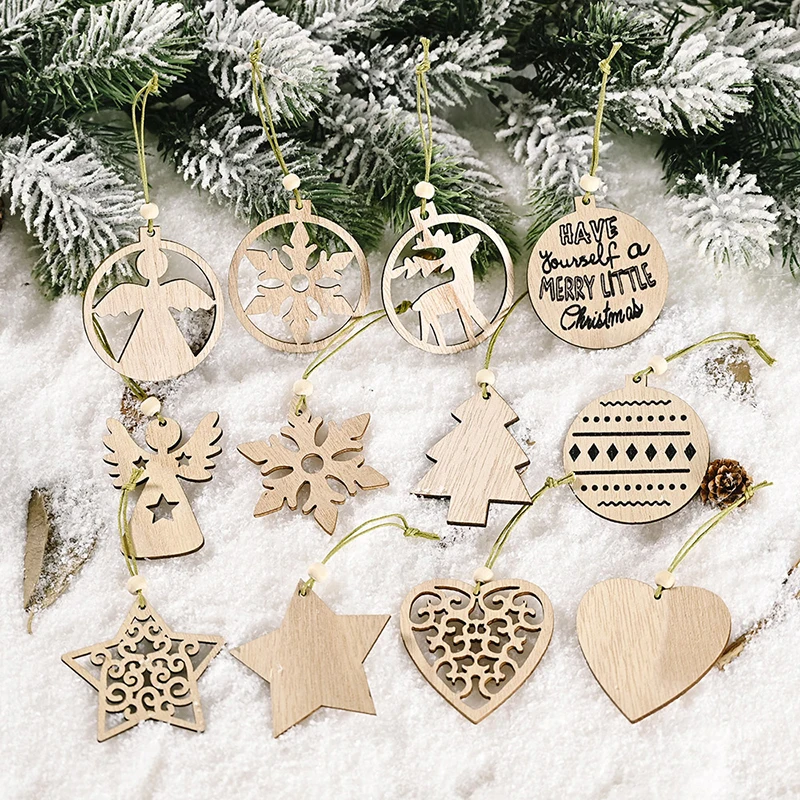 12Pcs  Wooden Christmas Snowflake Angel Pendants Ornaments Xmas Tree Decoration 