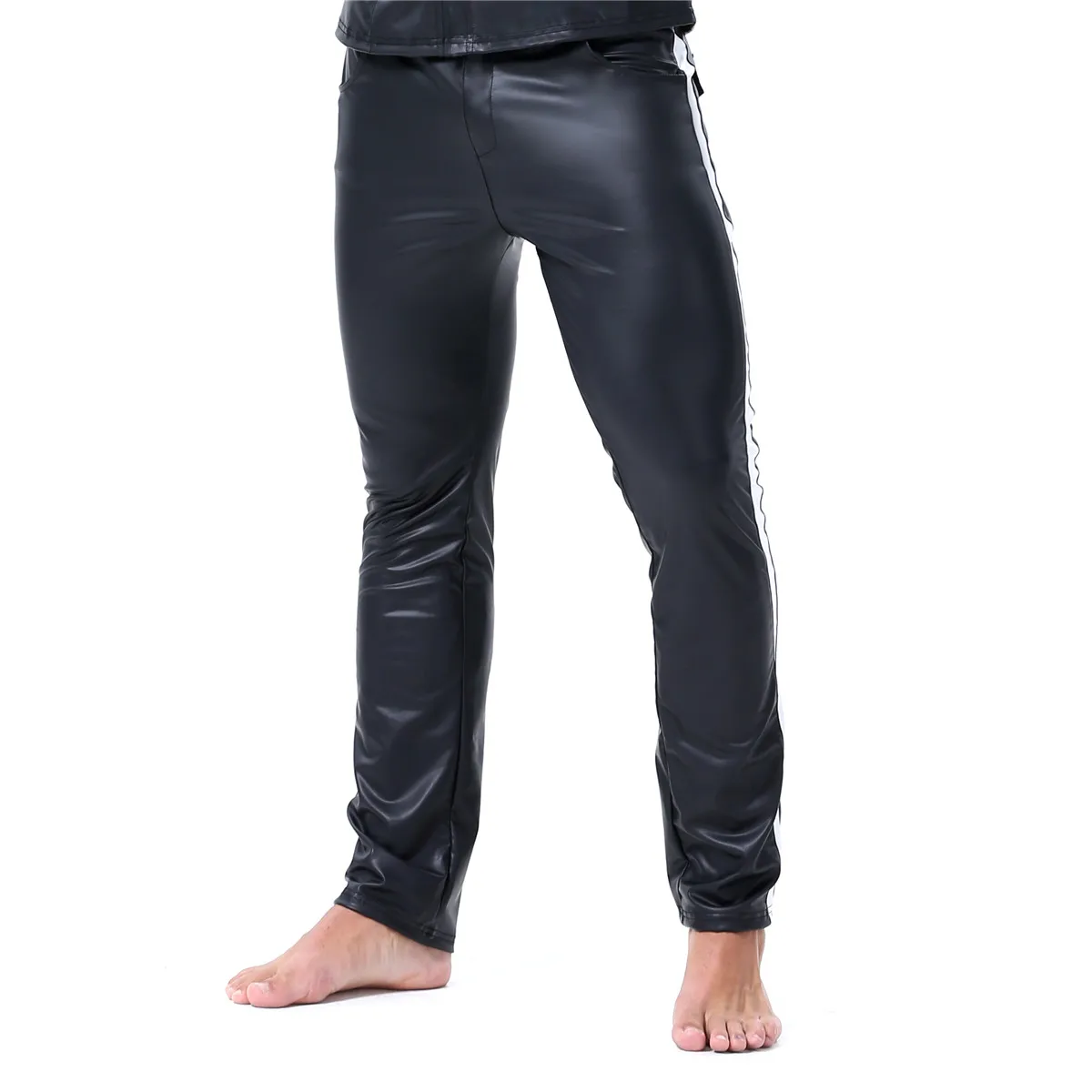 Мужские брюки из искусственной кожи в полоску с боковыми эластичными штанами для фитнеса брюки для бодибилдинга Повседневный Спортивный костюм для бега брюки для сценического шоу Клубная одежда