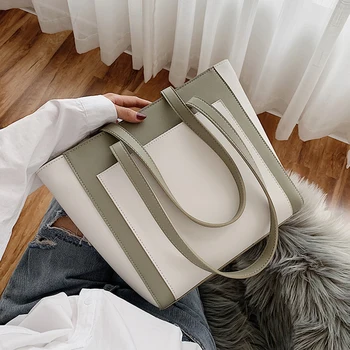 

ETAILL Patchwork PU Leather Tote Bag Women Casual Big Contrast Color Bag Luxury Brabd Messenger Crossbody Shoulder Bags