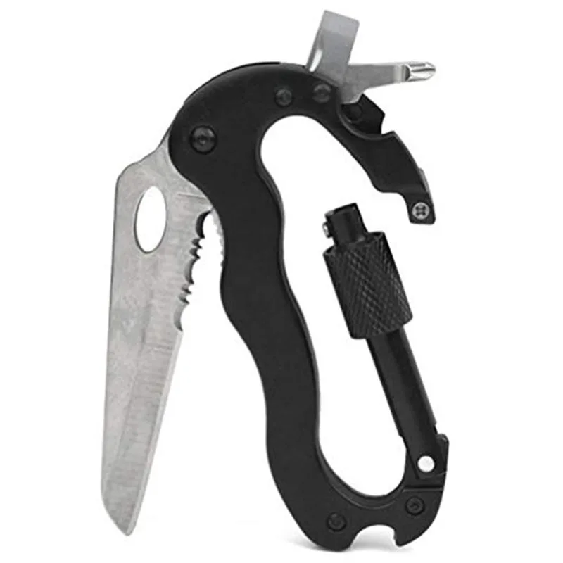 

Outdoor camping multi-function fast hanging safety carabiner folding knife keychain screwdriver bottle opener