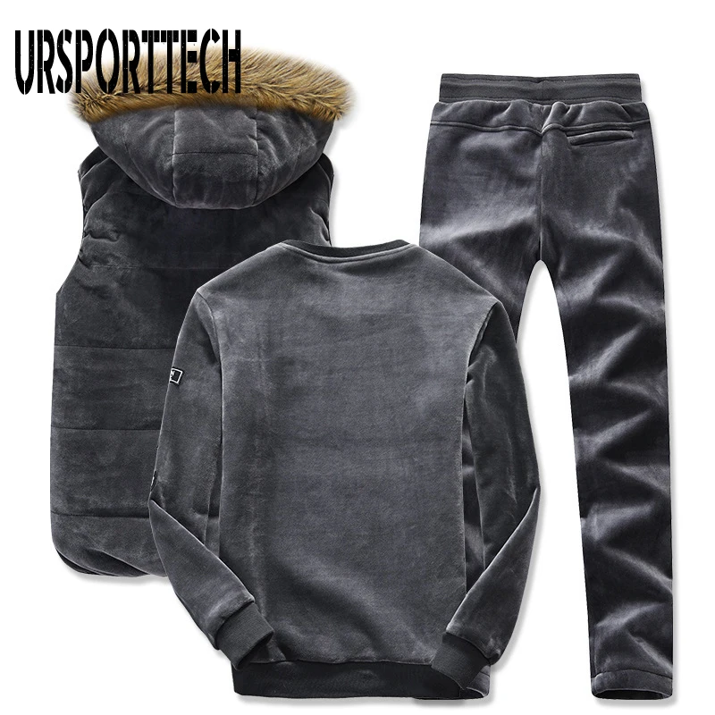 Flash Sale 3 Piece Set Tracksuit Men Winter Sporting Suit Hooded Vest+Sweatshirt+Pants Plus Gold Velvet Thick Sportswear Homme Men Clothing