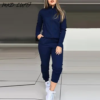 

Solid Long Sleeve Zipped Tops & Pockets Design Pencil Pants Sets 2 Piece Outfits for Women Casual Sweat Suits