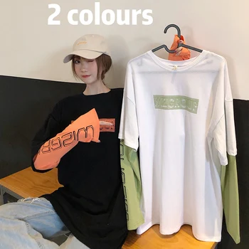 

Pure Cotton Ulzzang Mock Two-Piece Joint Long-sleeved T-shirt Women's Loose-Fit Mid-length Popular Brand Tops 7029