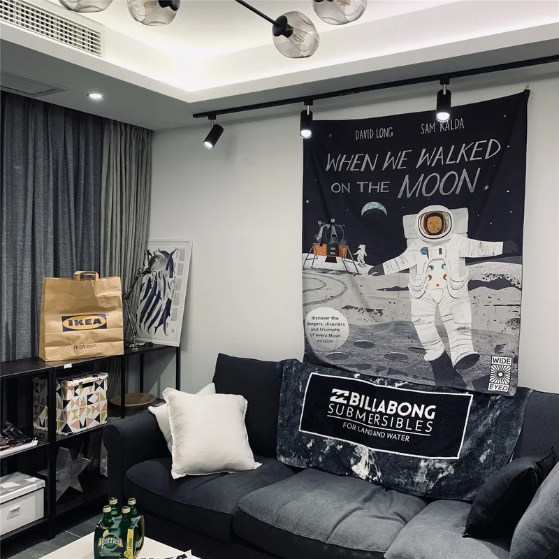 Space Moon Walk Astronaut Tapestry Wall Hanging Cloth Home Decorative Living Room Curtain Wall on The Moon Landing Plan Fabric