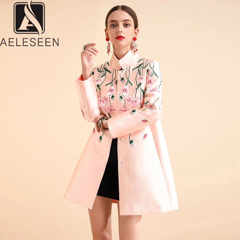 

AELESEEN 2020 Spring Office Lady Windbreaker Runway Floral Pattern Luxury Flower Embroidery Mandarin Collar Long Coat Women
