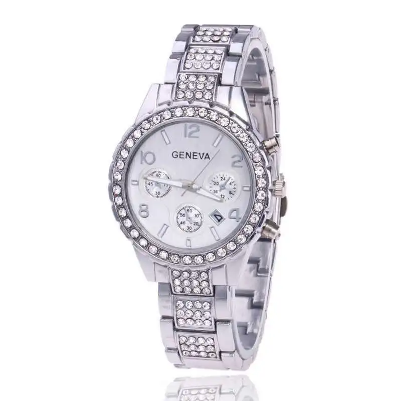 

Hot Selling Geneva Steel Belt Diamond Set Ladies' Watch Three-Eyed with Numbers Measuring with Calendar Quartz WOMEN'S Watch