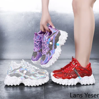 

Running Shoes for Women 2020 Fashion Platform Vulcanized Shoes Bling Breathable Chunky Sneakers Purple Size 41 Zapatillas Mujer