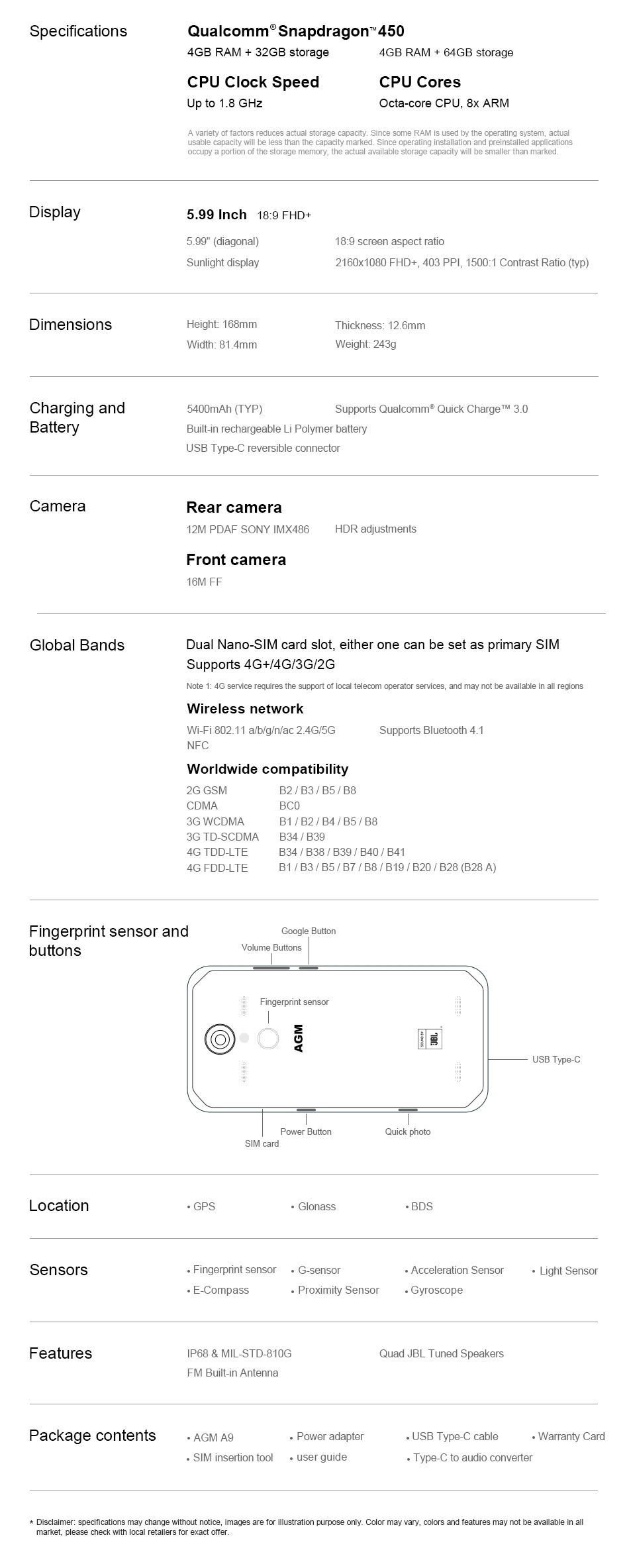 AGM A9 IP68 Водонепроницаемый 5,99 "FHD + экран 4 ГБ 32 ГБ мобильный телефон Android 8,1 5400 мАч NFC OTG Quad-Box колонки Быстрая зарядка