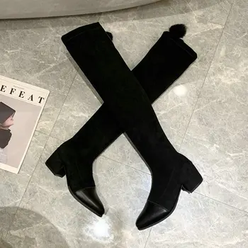 

Size 35-50 Nice Pop Women Over The Boots High Heels Winter Elegant Fur Balls Shoes Woman Pointed Toes Female Casual Black Boot
