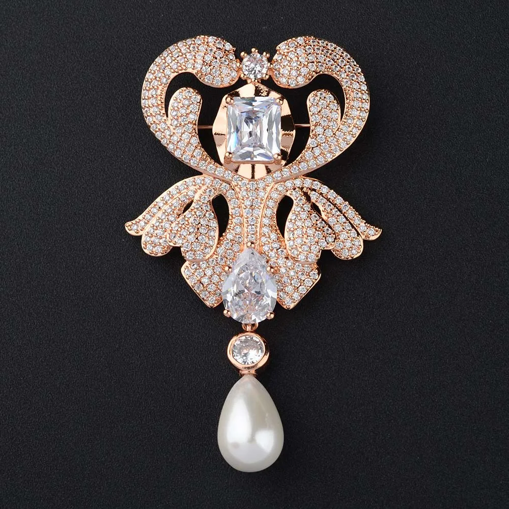 White sea shell pearl gold plated Cubic Zirconia micro pave flower brooch