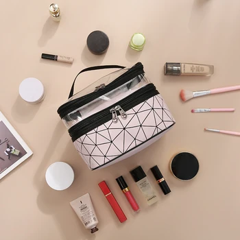 

Transparent PVC Cosmetic Bag Travel Cosmetic Organizer Women Multifunctional Double Layers Makeup Case Accessories Supplies