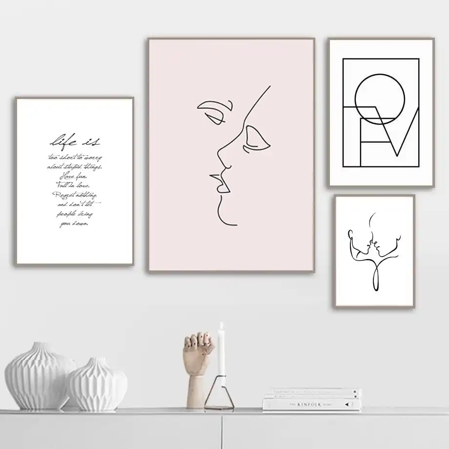 Minimalista Escandinavo Amor Abstracto De La Linea Exterior Kiss Dormitorio Decoracion Lienzo Pintura Pared Imagenes Artisticas Galeria Decoracion Del Hogar Aliexpress