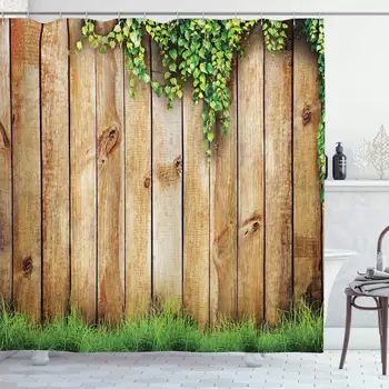 

Rustic Shower Curtain, Fresh Spring Season Grass and Leaf Plant Over Old Wood Fence Garden Field Photo, Cloth Fabric Bathroom