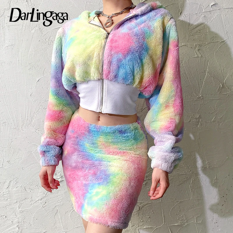 Set Darlingaga/градиентный комплект из двух предметов с искусственным мехом, модное зимнее пальто и юбка с высокой талией, комплект одинаковой одежды, костюм - Цвет: Set