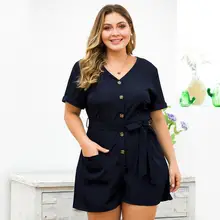 Plus Size Women Jumpsuits Fashion Casual Solid Color V-neck Short-Sleeved Belt Button Loose Playsuits Ropa Mujer 2020 New Hot E