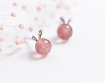 

Authentic 1pair Real 100% 925 Sterling Silver fine Jewelry Natural Strawberry Quartz Stone Rabbit ear Stud Earrings gtle2288