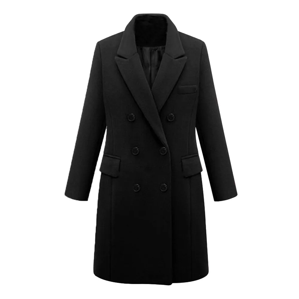 Осенне-зимнее женское пальто, повседневные шерстяные одноцветные куртки, женское элегантное двубортное длинное пальто для девушек размера плюс 5xl, пальто - Цвет: Black