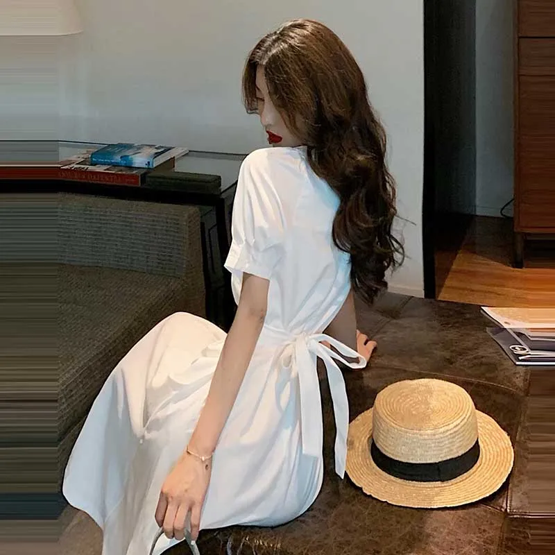 Korean Elegant Women White Dress 2020 Summer Vintage Chiffon Slim Square Collar Lace Dress French Party Holiday Dresses Lady