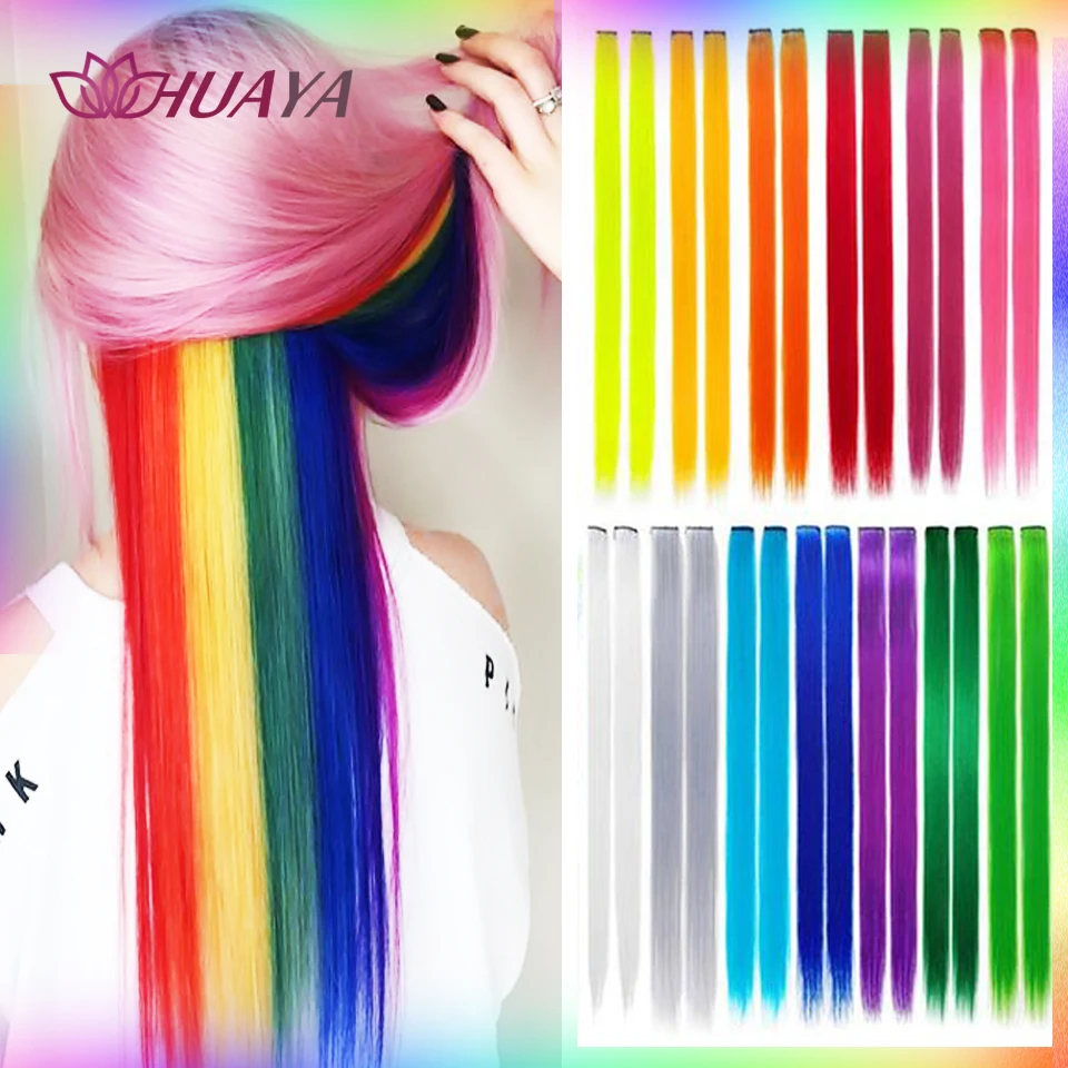 HUAYA largo recto Ombre Clip sintético en extensiones de cabello de una pieza para las niñas arco iris de color de pelo para las mujeres de los deportes